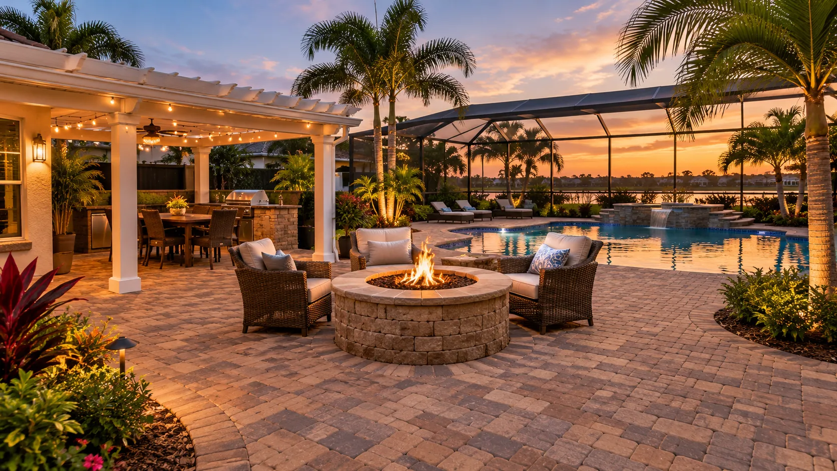 Paver patio with a round paver fire pit and pergola at a Tampa Bay, Florida home